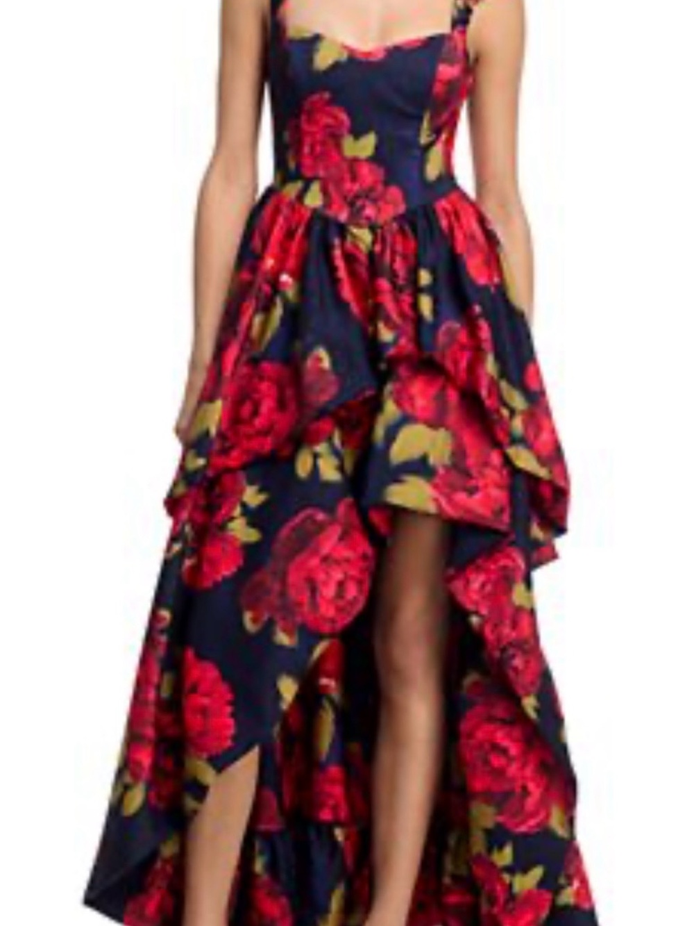 Aqua Navy High-Low Dress with Red Floral Print